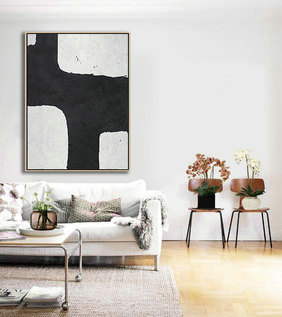 Large Abstract Art Handmade Oil Painting,Black And White Minimalist Painting On Canvas - Decorating A Big Living Room